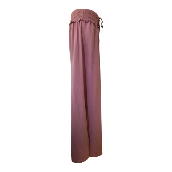 💕Mustard Seed Mauve Smocked Waist Wide Leg Pants L Boho Ruffle Lounge Pocketed - Picture 3 of 8